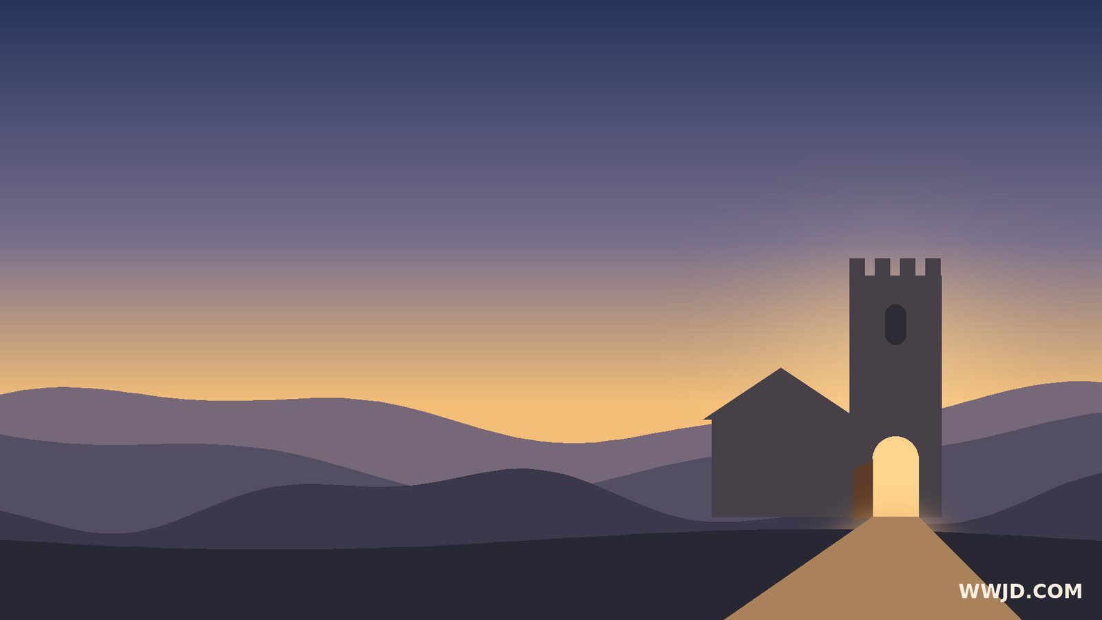 Original WWJD graphic: a parish church door open at dawn on the Lancashire hills