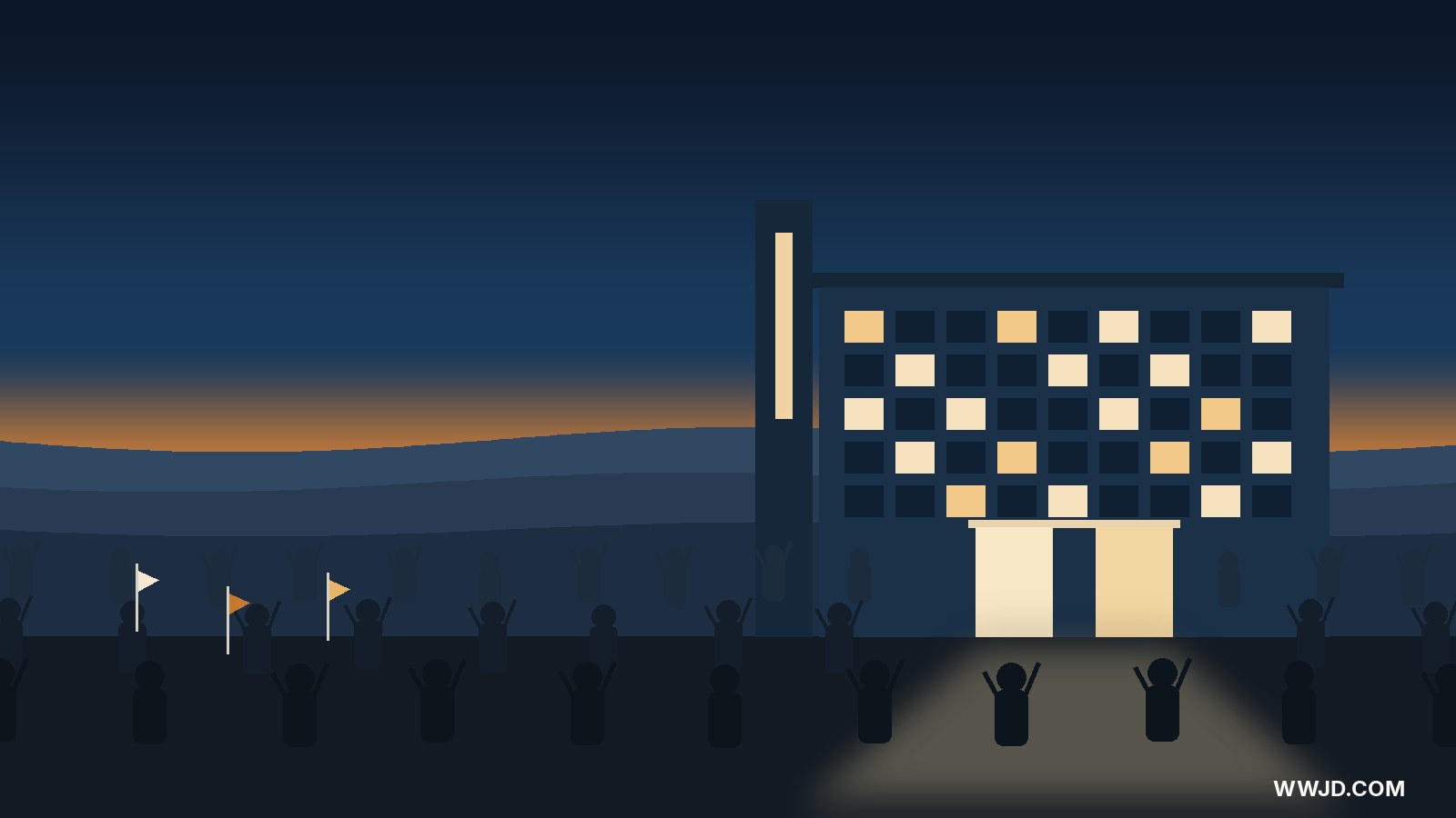 Original WWJD graphic: a dusk convention hall, a crowd of silhouettes with raised hands, and warm light in the doorway
