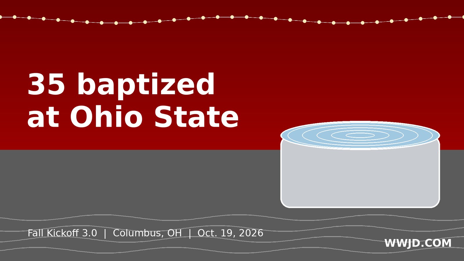 Original WWJD graphic: 35 baptized at Ohio State, Fall Kickoff 3.0, Columbus, Oct. 19, 2026