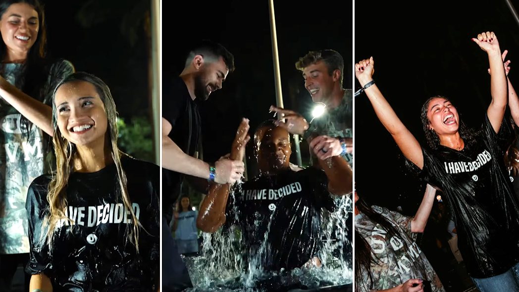 Nighttime photo collage from UniteUS in Miami: students in wet black shirts that read I Have Decided, including an outdoor baptism